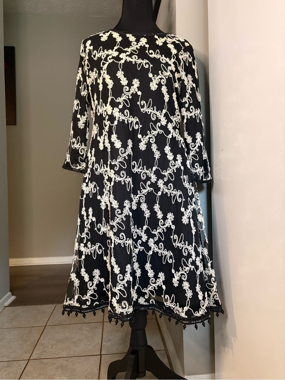 Black Midi Dress with White Floral Embroidery